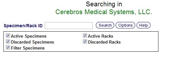 Specimen &amp; Rack Search Screen Advanced Search Options Box Displayed