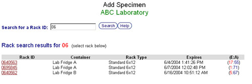 Specimen Entry - Rack Search Results Screen