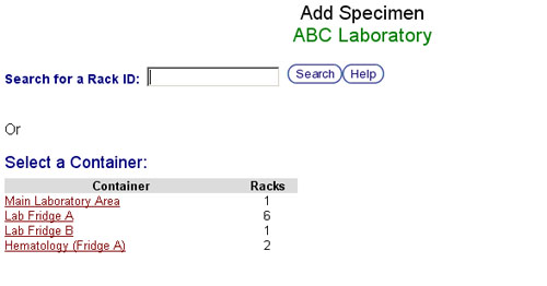 Specimen Entry - Rack Search Screen