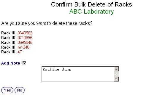 Rack Deletion Confirmation Screen