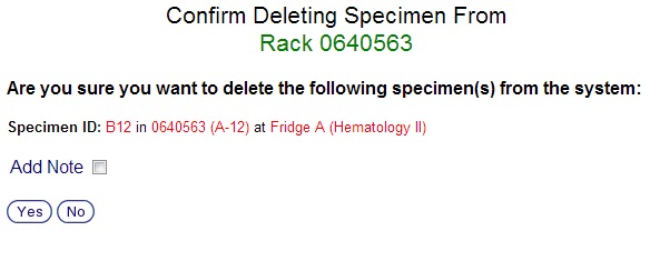 Specimens Deletion Confirmation Screen