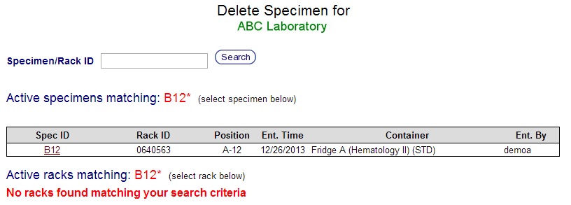 Specimen Deletion - Specimen Search Results Screen