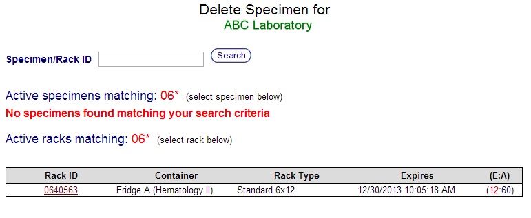 Specimen Deletion - Specimen Search Results Screen