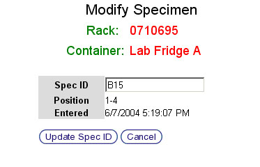 Specimen Modification Screen