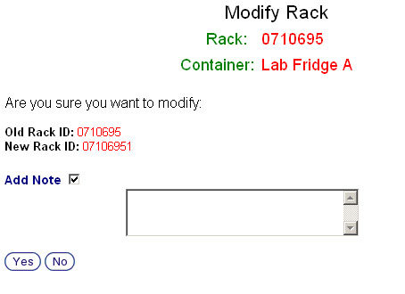 Rack Modification Confirmation Screen