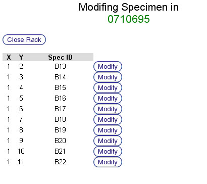 Specimen Modification Selection Screen