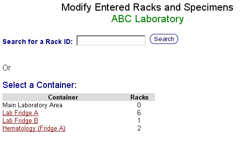 Modify Entered Racks and Specimens Start Screen