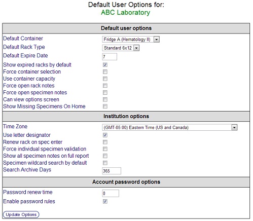 Institution Options Screen