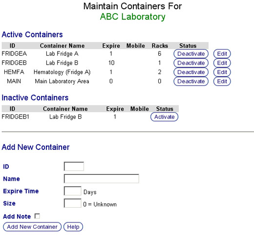 Manage containers main screen