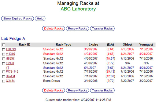 Rack Management - Rack Selection Screen