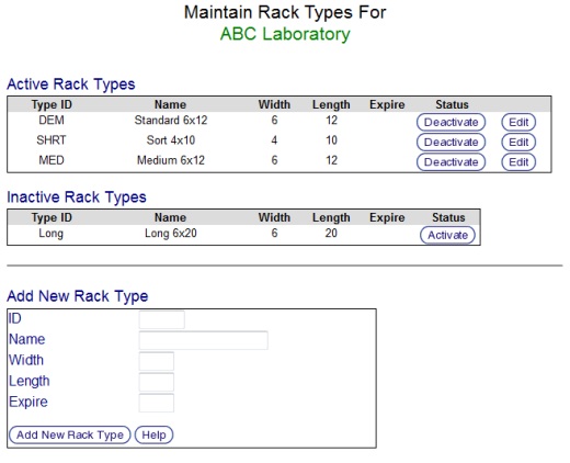 Rack Type Maintenance Screen