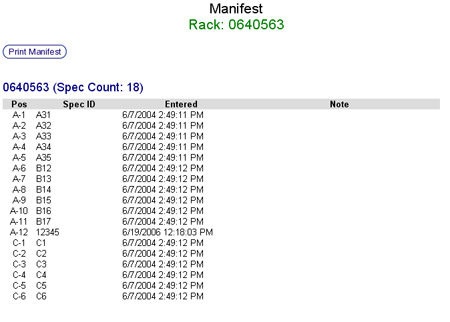 Rack Manifest Screen