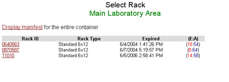 Manifest - Rack Selection Screen