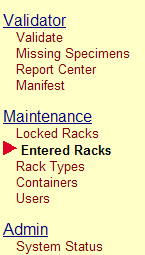 Navigation Menu Maintenance &gt; Entered Racks