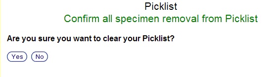 Picklist Clearing Confirmation Screen