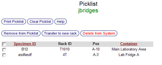 Picklist Screen Picklist Containing Specimens