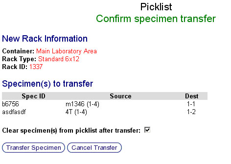 Picklist Specimen Transfer Confirmation Screen