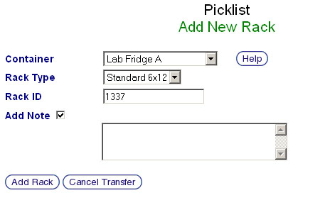 Picklist Transfer Rack Selection Screen