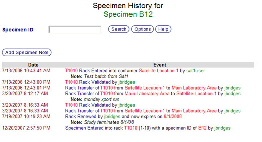 Specimen History Screen