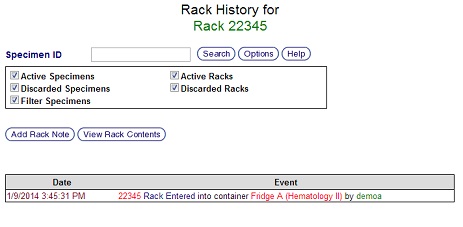 Rack History Screen