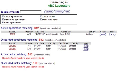 Specimen &amp; Rack Search Screen Search Results