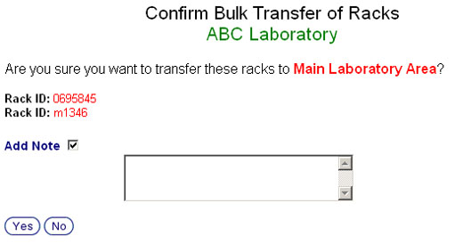 Rack Transfer Confirmation Screen