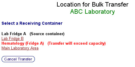 Rack Transfer Container Selection Screen