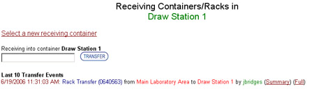 Rack and container search screen after a successful validation