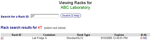 Rack Viewing Search Results Screen